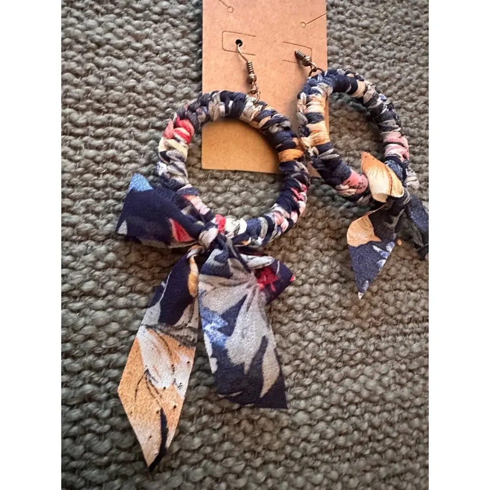 Navy Floral Fabric Wrapped Hoop Earrings.